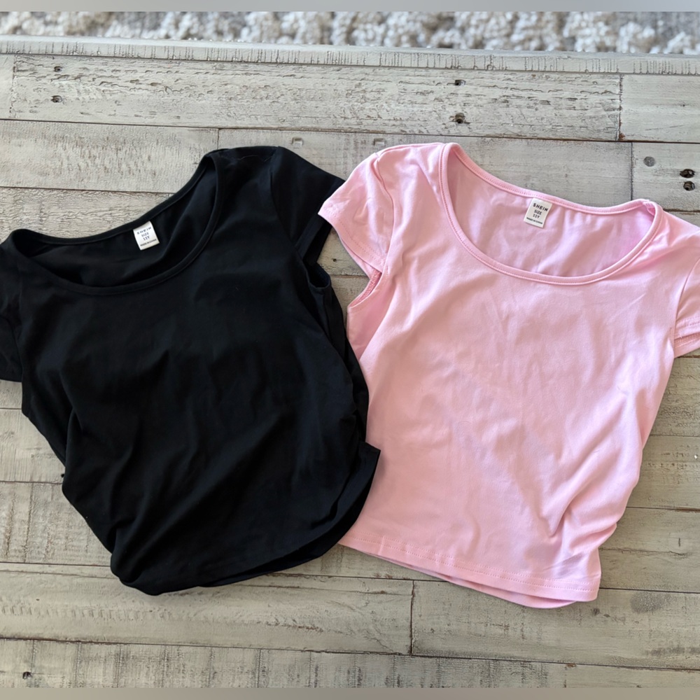 SHEIN Kids Pink and Black Short Sleeve Tees